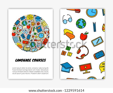Card templates with doodle colored language courses icons. Used clipping mask.