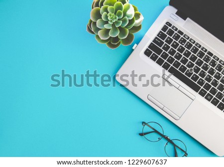Top view of workspace with laptop, succulent and glasses and copy space on colored blue background. Flatlay minimalism