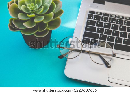 Top view of workspace with laptop, succulent and glasses and copy space on colored blue background. Flatlay minimalism