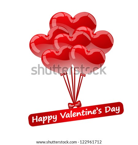 Balloon hearts floating in the air carrying a sign. Isolated on white.
