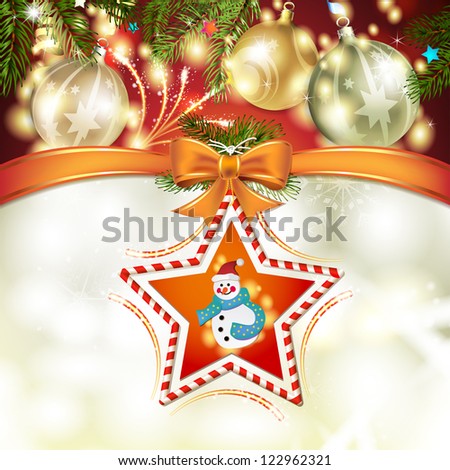 Christmas star with snowman, bow and pine tree
