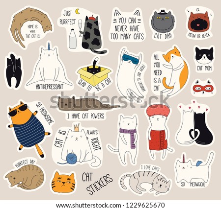 Set of cute funny stickers with color doodles of different cats with quotes. Isolated objects. Hand drawn vector illustration. Line drawing. Design concept for print, logo, icon, badge, label, patch.