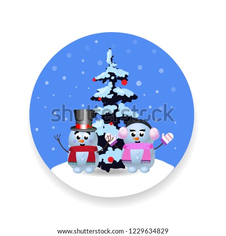 Christmas, new year round sign with cute cartoon snowman, snowgirl and xmas tree snow flakes isolated on white background. Vector illustration, icon, sticker, clip art, logo design element.