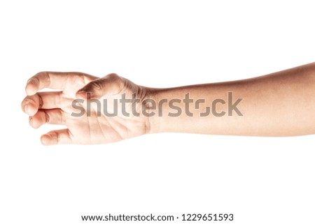 Close up hand holding something like a bottle or can isolated on white background with clipping path.