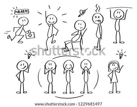 Set of funny and cute figures in motion, showing emotions and different concepts.  Royalty-Free Stock Photo #1229681497