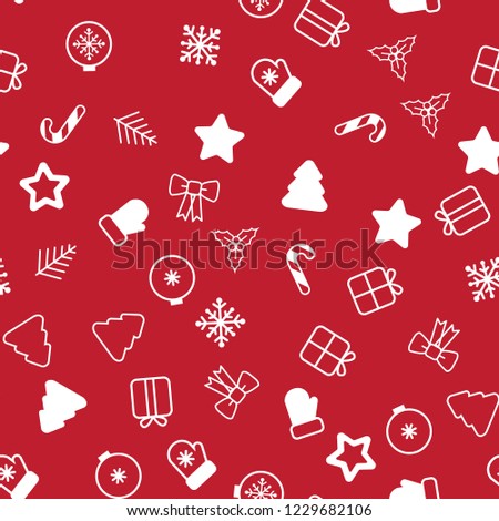 Seamless Christmas pattern. Christmas pattern with decorative snowflakes, gift box, christmas tree, star, christmas balls on white background.
