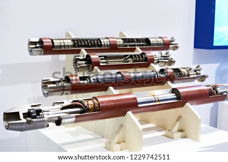 Borehole submersible pumps on stand exhibition Royalty-Free Stock Photo #1229742511