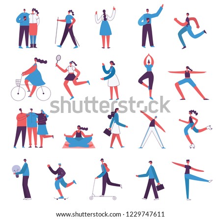 Vector illustration in a flat style of different activities people characters - dancing, working, doing sport activities and the friends.