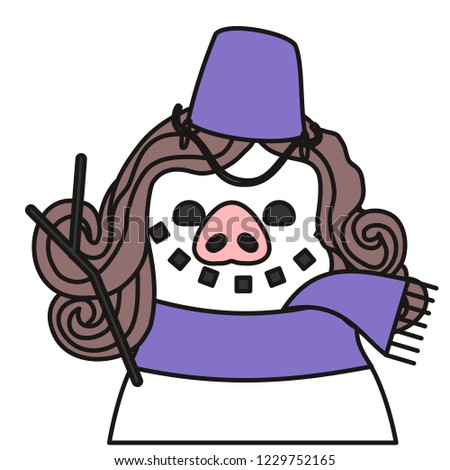 emoji with female smiling pig woman snowman with pink nose made out of colored snow balls that is wearing a purple winter scarf, wig and a plastic bucket as a hat, simple hand drawn emoticon
