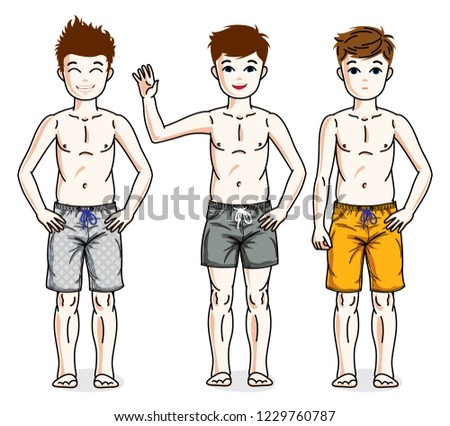 Pretty child boys standing in colorful stylish beach shorts. Vector set of beautiful kids illustrations. Childhood and family lifestyle clip art.