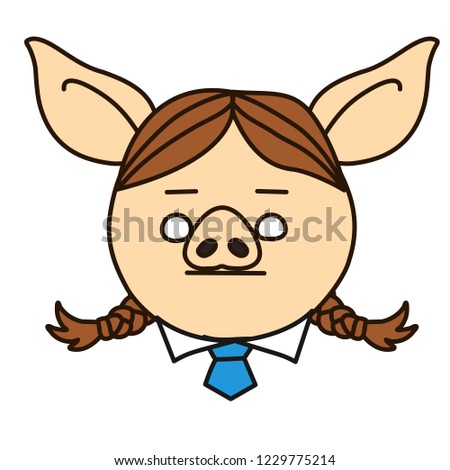 emoji with senseless pig businesswoman or manager with neutral face & blonde pigtails wearing a business uniform with a blue tie and white collar shirt, simple hand drawn emoticon
