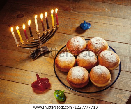  Hanukkah Holiday Donuts,Lighted candles and spinning top