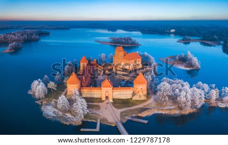 Trakai castle at winter, aerial view of the castle