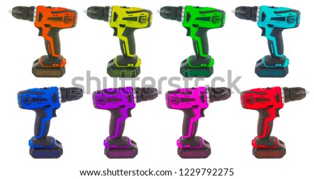 Eight different colors items of compact cordless screwdriver isolated on a white background