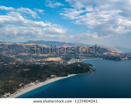 Aerial view of Livadhi Beach in Himara, Albania (Albanian Riviera)