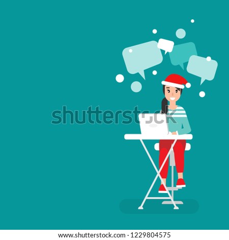 Happy freelancer girl with computer, santa hat and speech bubbles. creative hipster work at home. flat vector winter illustration. outsourcer with computer. Christmas cozy workplace