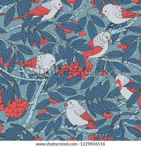 Hand drawn vector seamless pattern with birds, branches, leaves and rowanberry on blue dotted background. Snowy winter decoration ornament for fabric, textile, covers or wrapping paper.