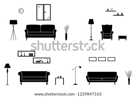 Home interior icon set. Black and white living room silhouette 

