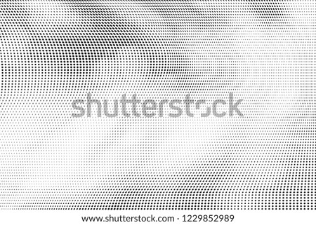 Polka dot light halftone pattern. Gradient dots background. Modern spotted black and white vector illustration. Abstract curves. Dotted soft lines pattern. Monochrome wide grunge template