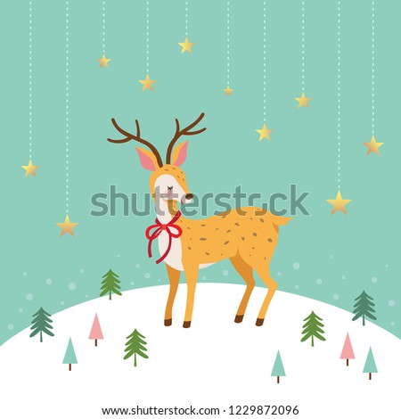 Merry Christmas greeting card.Winter deer on cute forest background