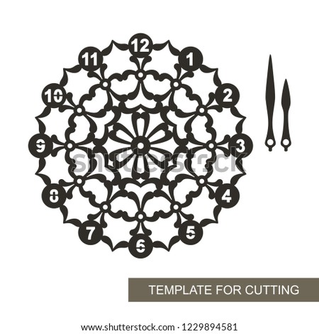 Openwork dial with arrows and arabic numerals. Silhouette of clock on white background. Decor for home. Template for laser cutting, wood carving, paper cut and printing. Vector illustration.