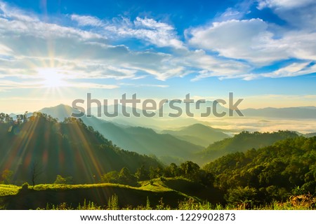 Landscape of sunrise on Mountain at Doi Luang Chiang Dao, ChiangMai ,Thailand Royalty-Free Stock Photo #1229902873