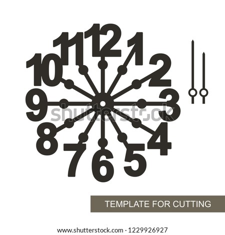 Dial with arrows and big arabic numerals. Silhouette of clock on white background. Decor for home. Template for laser cutting, wood carving, paper cut and printing. Vector illustration.