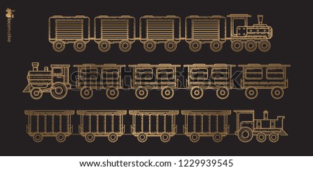 Set of retro locomotives, vector.Passenger train on a black background