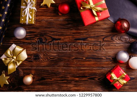 Christmas mood concept. Layout composition with traditional festive attributes, green decorative fresh pine tree branches. Winter holidays season. Background, copy space, close up, top view, flat lay.