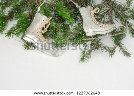 Silvery skates on the green branches of the Christmas tree on a white background. New Year's decoration. Winter theme. Copy space.