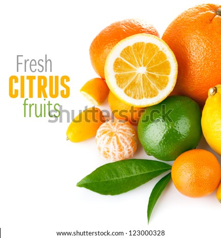 fresh citrus fruit with green leaf isolated on white background Royalty-Free Stock Photo #123000328