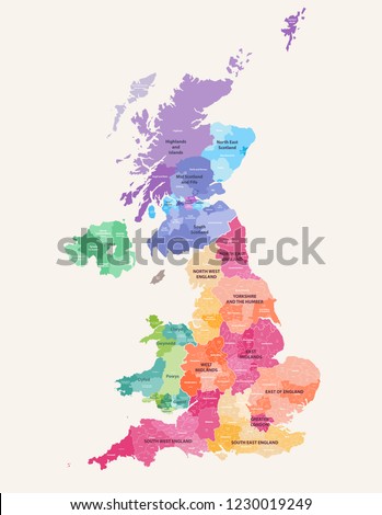 United Kingdom administrative districts high detailed vector map colored by regions with editable and labelled layers Royalty-Free Stock Photo #1230019249