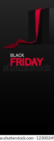 Black Friday banner. Realistic black box with red ribbon isolated on dark background.