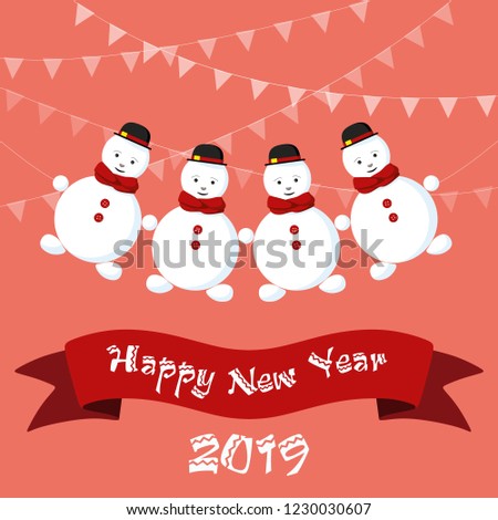 Happy new year greeting on banner with cartoon cute snowmen