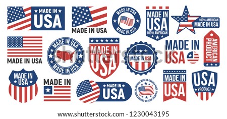 Large set of Made in USA labels, signs. USA patriotic signs. Americans banners templates. Vector illustration. Royalty-Free Stock Photo #1230043195