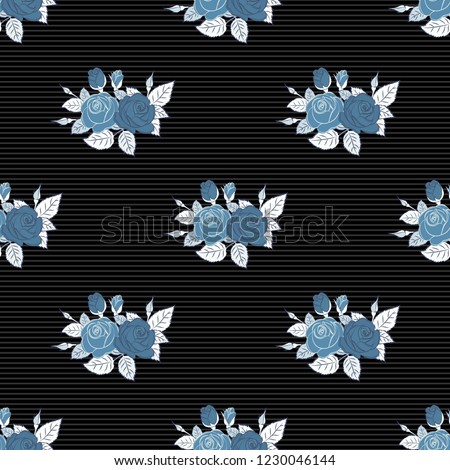 Seamless background in blue, black and gray roses. Vector seamless background with colored spots.
