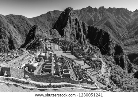Black and white photograph of the Machu Picchu near Cusco, Peru.