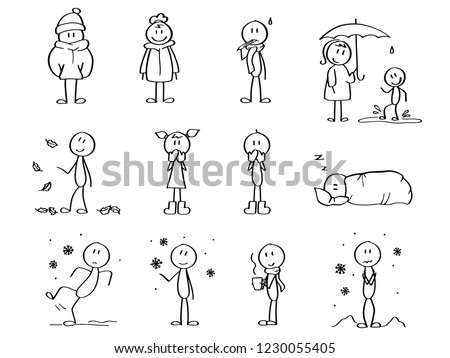 Autumn figures set. Stick men (some healthy, some not really) in winter autumn clothes with autumn leaves and winter snowflakes.  Royalty-Free Stock Photo #1230055405