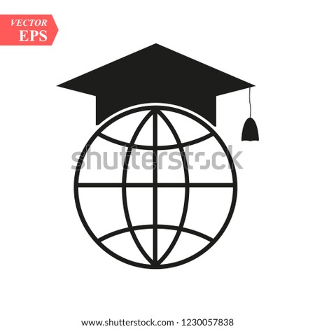 The graduation cap and globe icon. Education symbol. Flat Vector