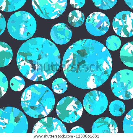 Funky blue splatter paint seamless pattern, abstract vector background. Вesign wallpaper for textile, fabric, wrapping paper. Black circles overlay.