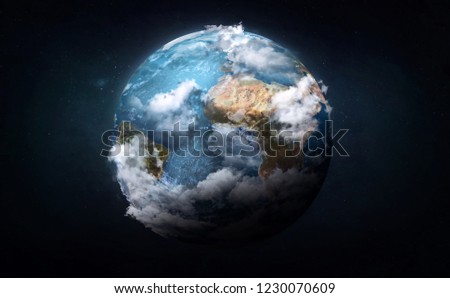 Earth with 3d clouds collage in the space. Blue vision. Elements of this image furnished by NASA