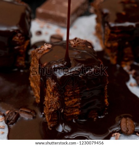 A piece of chocolate cake. Liquid chocolate flows on top of the cake. Close-up.
