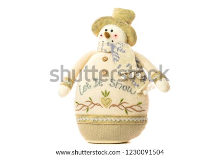 Isolated on white. Snowman, soft toy