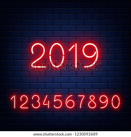 Vector illustration set of red glowing neon numbers on dark brick wall background in realistic style. Template for congratulation banner with shining numerals collection and 2019 sign.