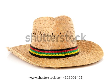 Straw hat with colorful ribbon isolated over whiet background