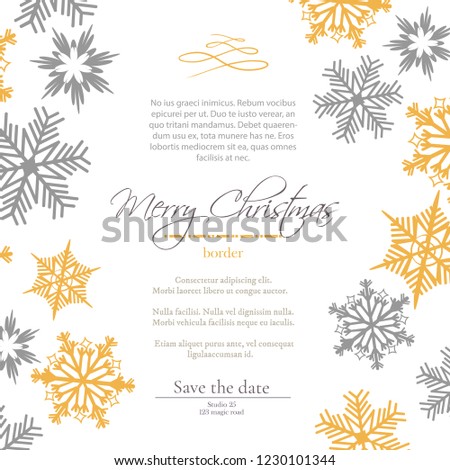 Simple delicate christmas card with golden and silver snowflakes on white background. Vector template