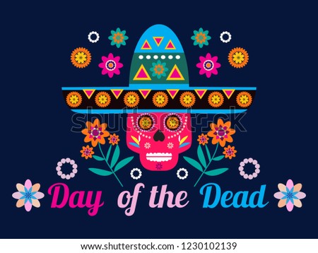 Dia de Los Muertos, Day of the Dead or Halloween greeting card, invitation, banner.Sugar skulls and colorful flowers. Template  for mexican celebration, traditional mexico skeleton decoration. Vector 