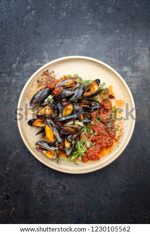 Traditional barbecue Italian blue mussel in tomato sauce with parsley and garlic in red wine sauce as top view on modern design plate with copy space 