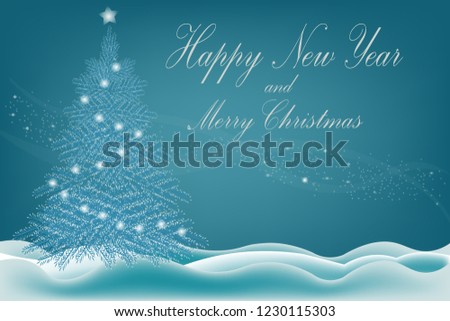 beautiful banner card with christmas tree on white snow on a blue background with text and inscription for the new year holiday in winter in december