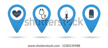 Medical locations. Mapping pins icons medical.  Stethoscope, syringe, heartbeat, pills icons.